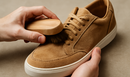 mains brossant des sneakers en daim