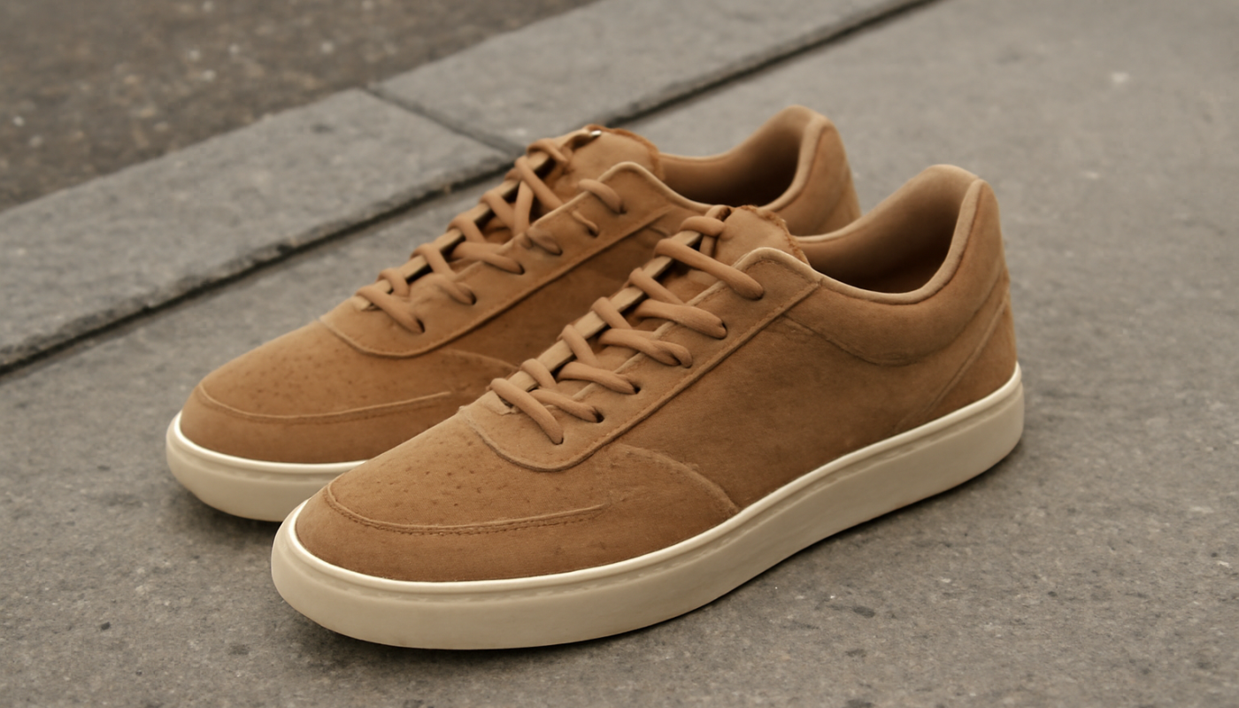 paire de sneakers suede posée sur trottoir