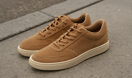 paire de sneakers suede posée sur trottoir