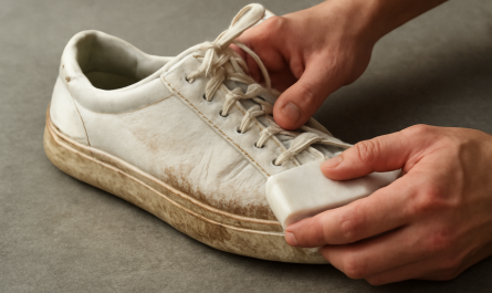 mains frottant semelle blanche d'une sneaker sale