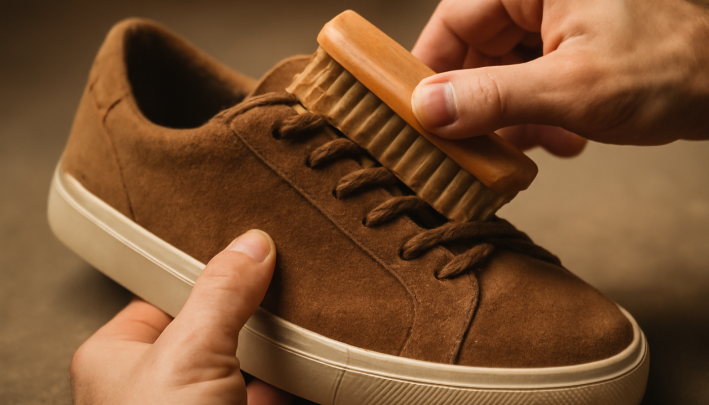 mains brossant surface en daim de sneaker