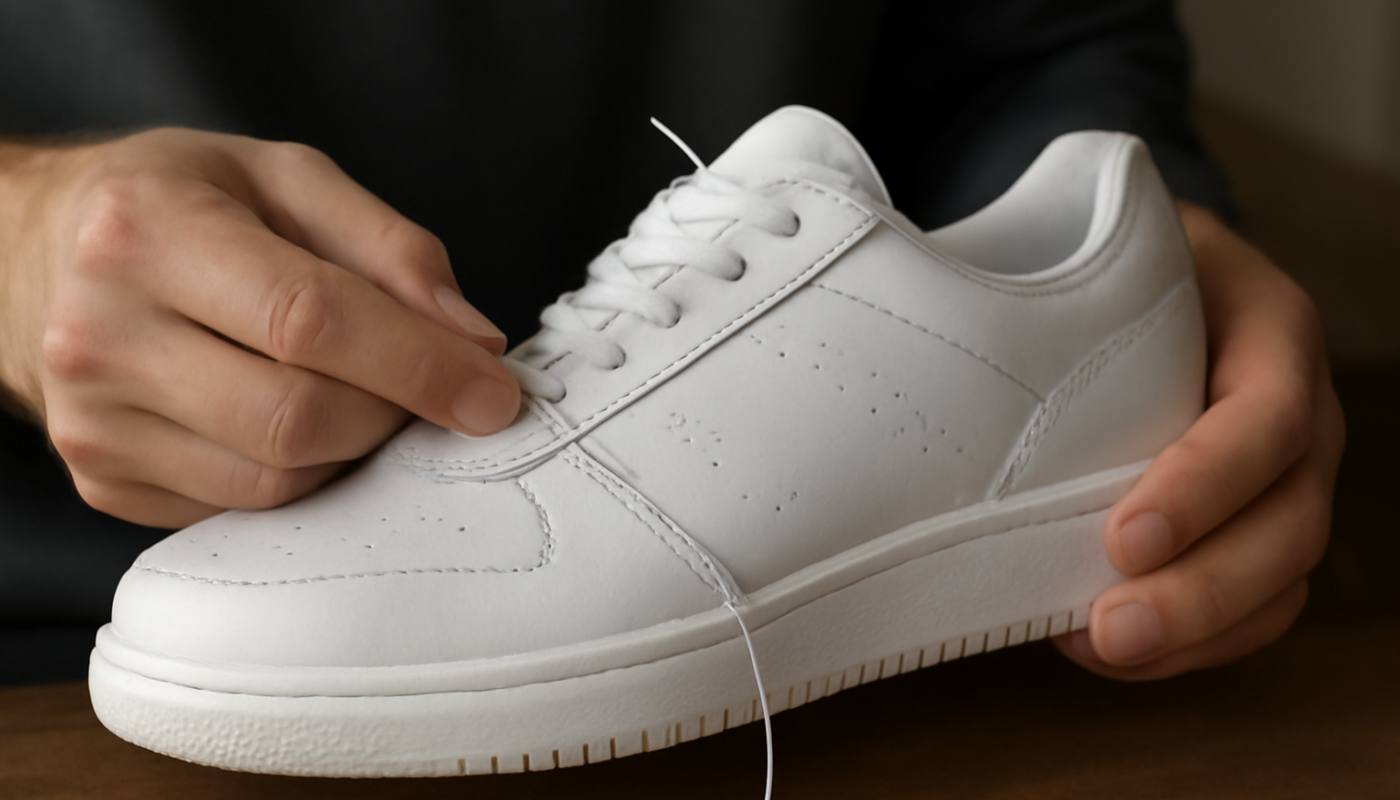 personne cousant une sneaker avec aiguille et fil