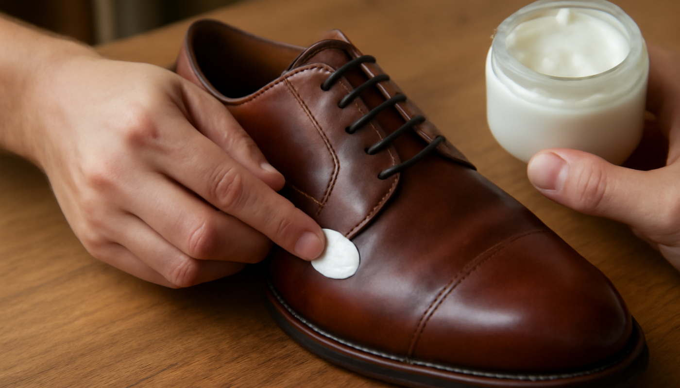 mains appliquant creme sur chaussure en cuir