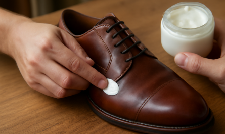 mains appliquant creme sur chaussure en cuir