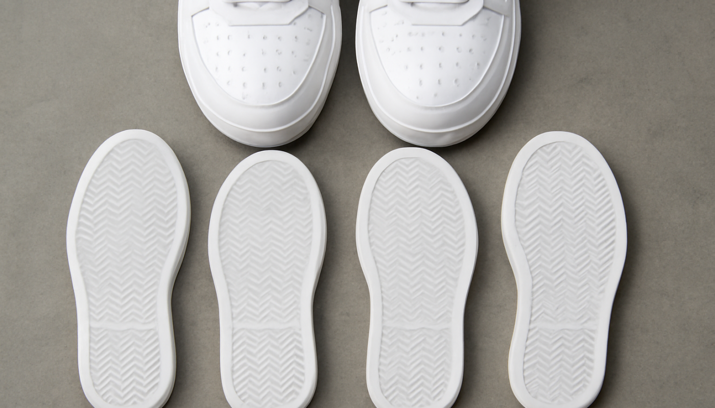 semelles propres alignées sous une paire de sneakers