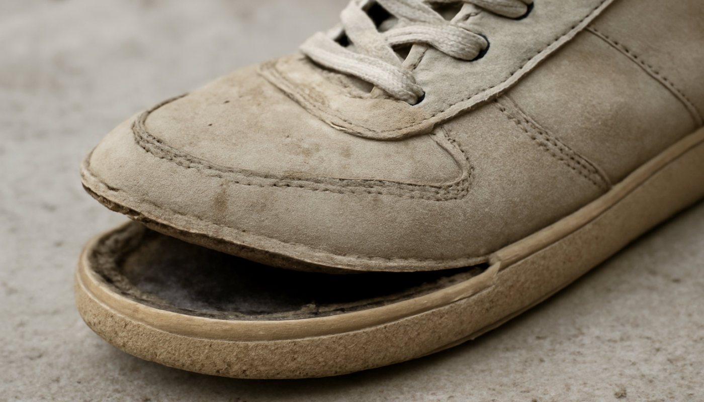 semelle partiellement décollée sur une sneakers usagée