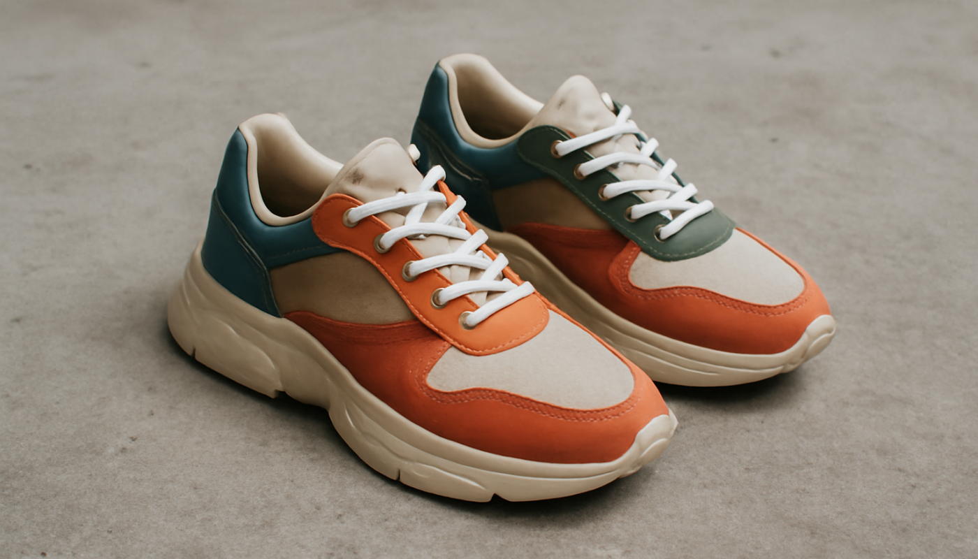sneakers design créatif posées sur sol béton