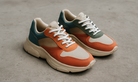 sneakers design créatif posées sur sol béton
