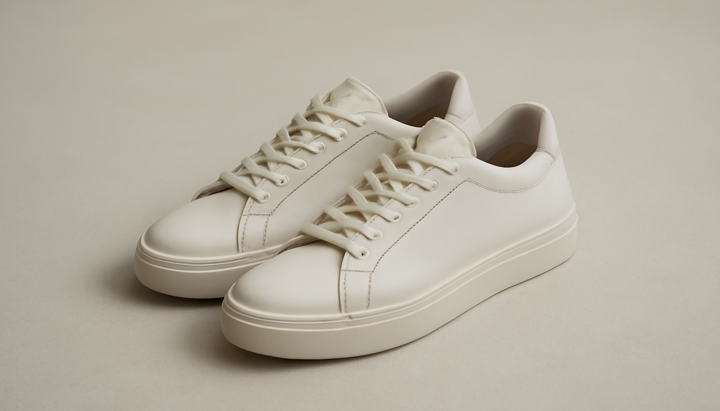 sneakers minimalistes modernes posées sur sol neutre