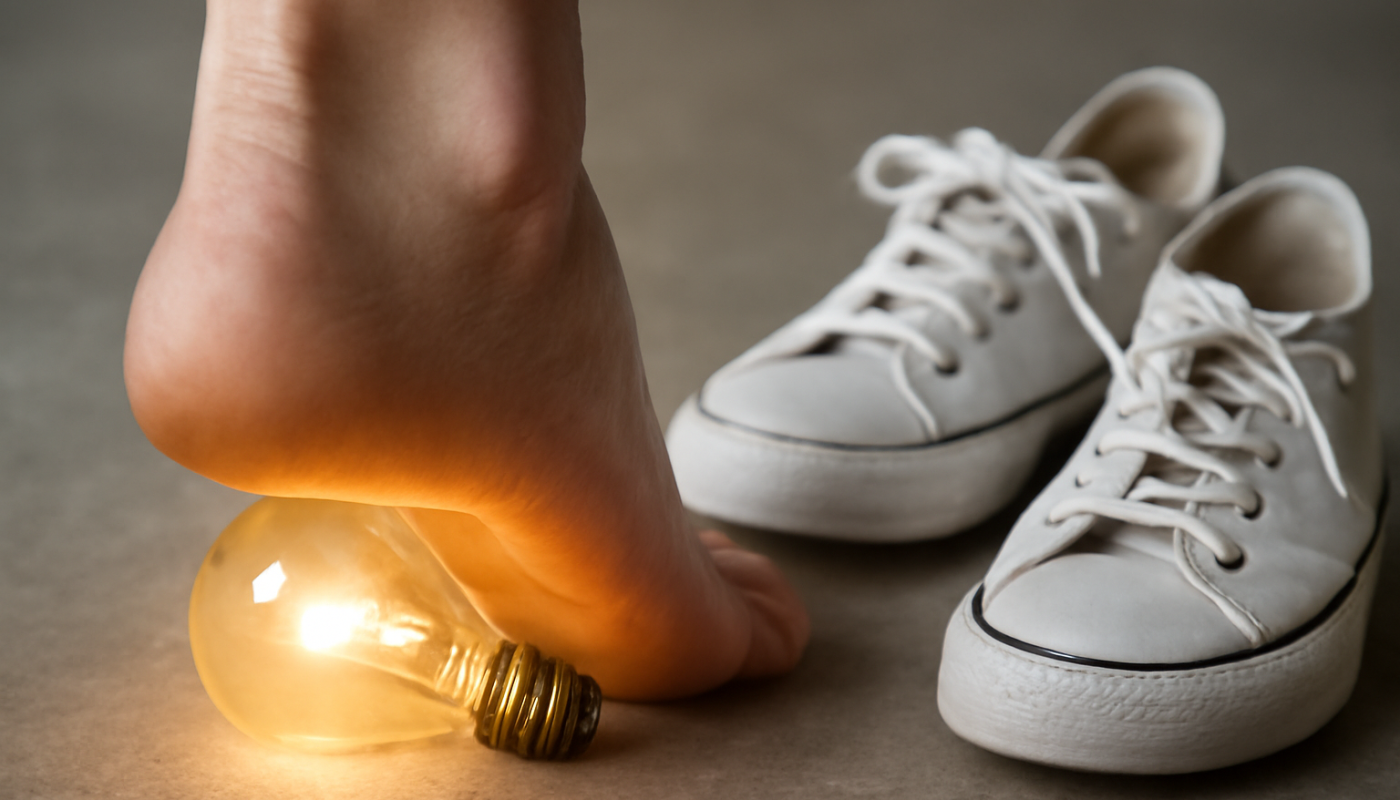 talon avec ampoule et paire de sneakers à côté