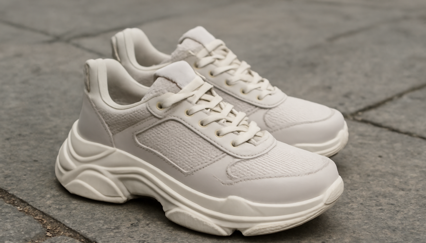 sneakers modernes avec semelle épaisse posées sur sol urbain