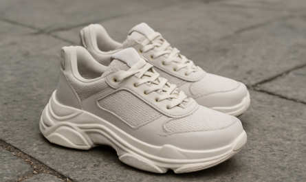 sneakers modernes avec semelle épaisse posées sur sol urbain