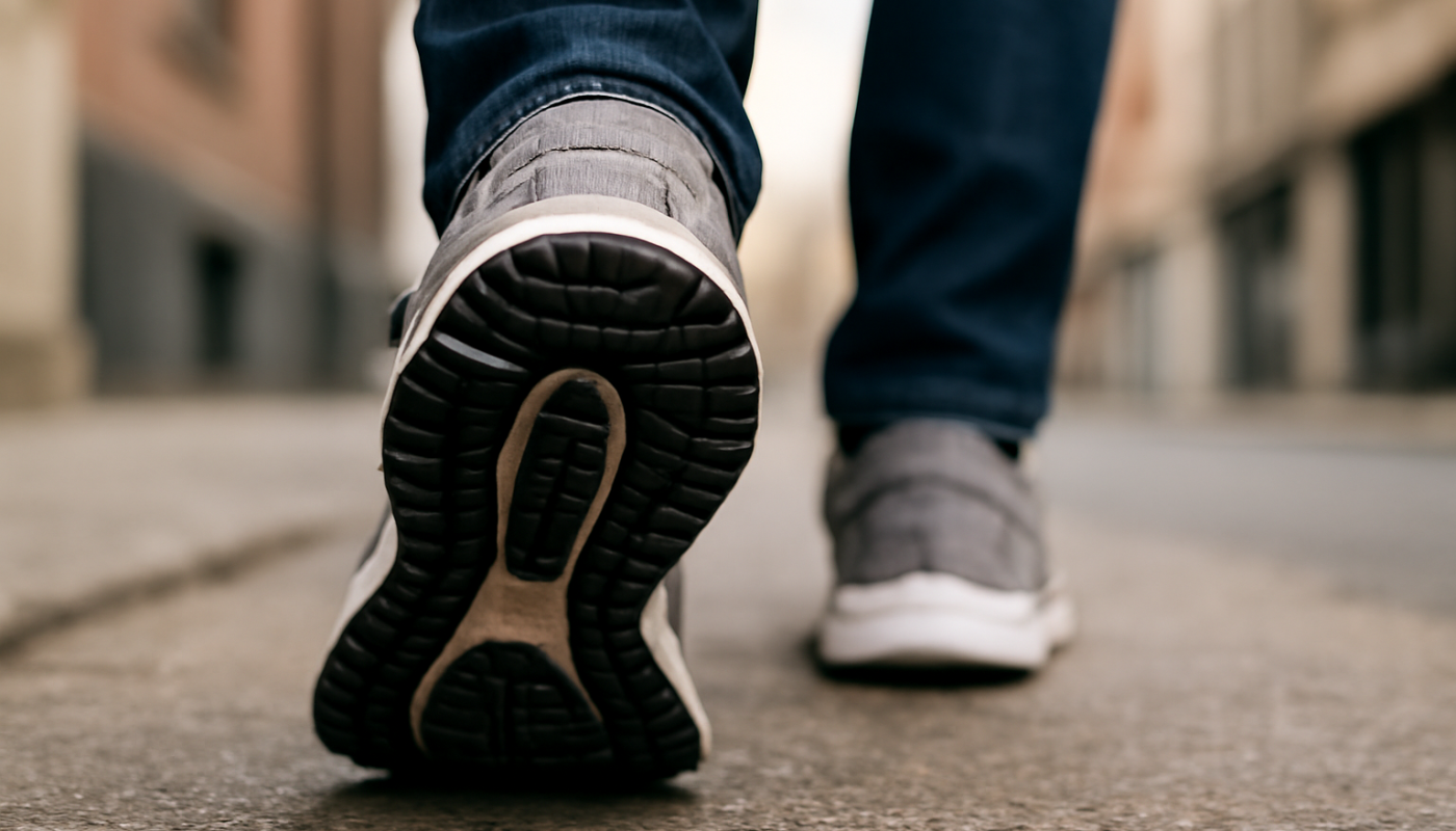 gros plan sur semelle de sneaker lors de marche urbaine