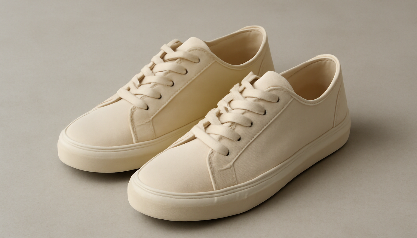 sneakers minimalistes en toile posées sur sol neutre