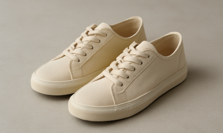 sneakers minimalistes en toile posées sur sol neutre