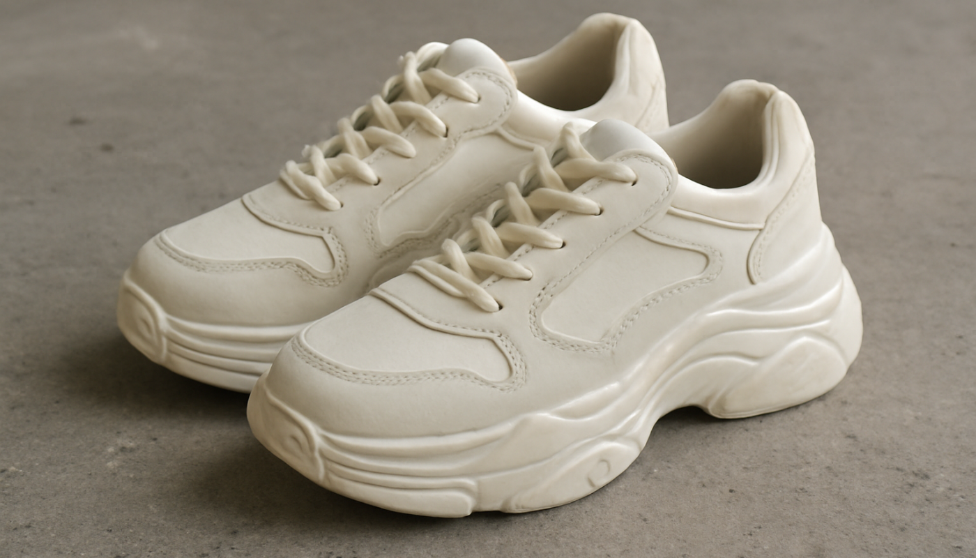 sneakers épaisses style chunky posées sur sol béton