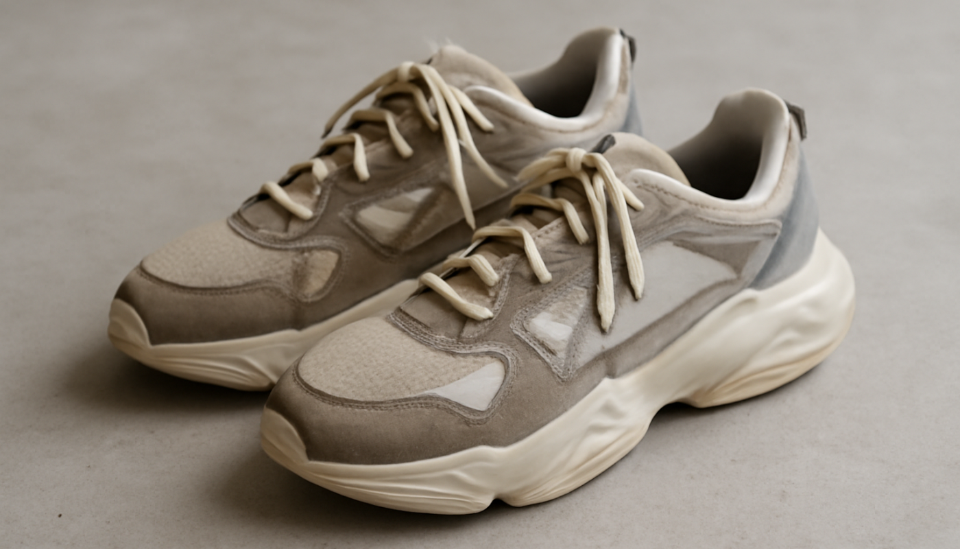 sneakers design atypique posées sur sol neutre