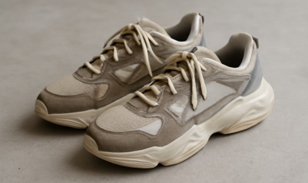 sneakers design atypique posées sur sol neutre