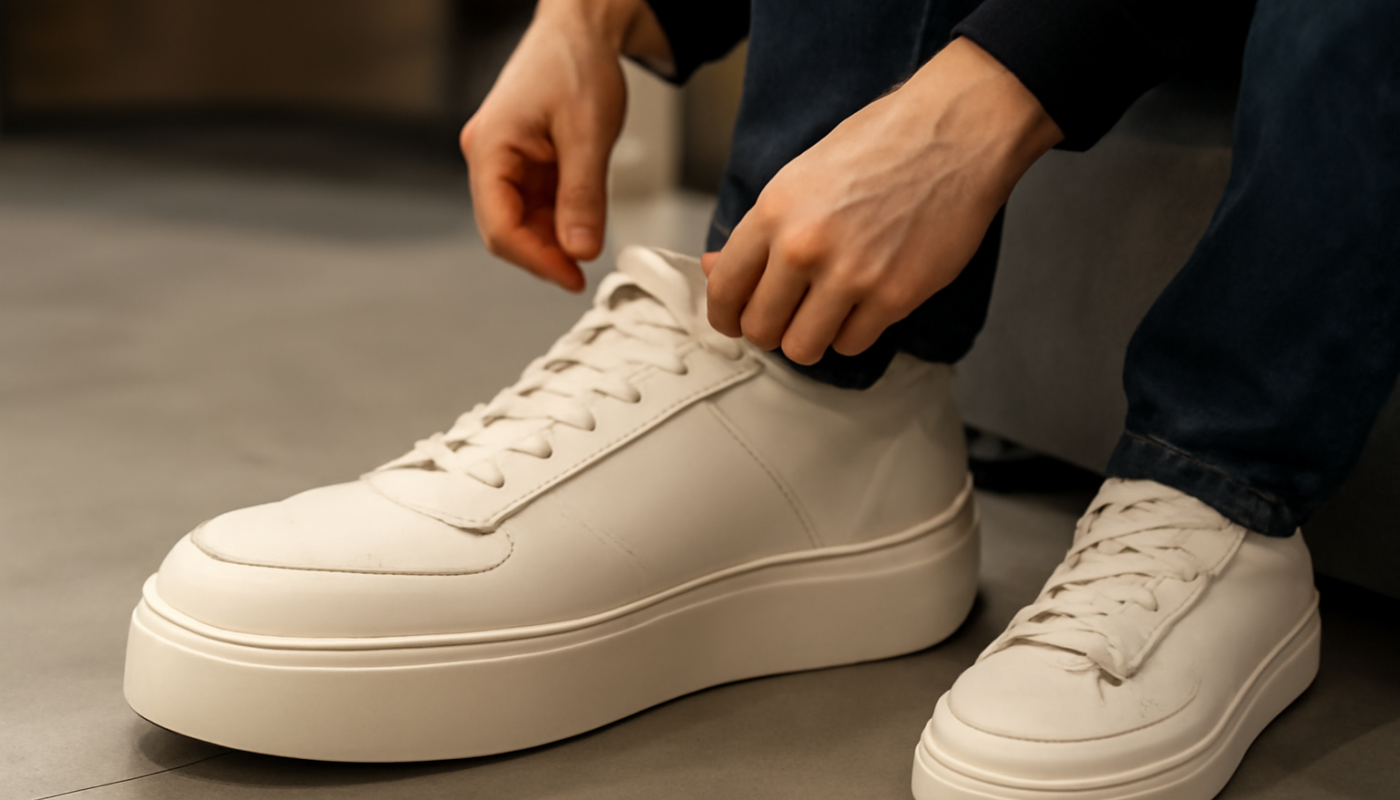 personne essayant sneakers taille large