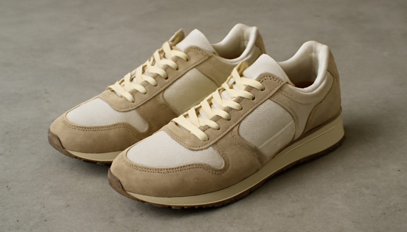 sneakers rétro premium posées sur sol béton