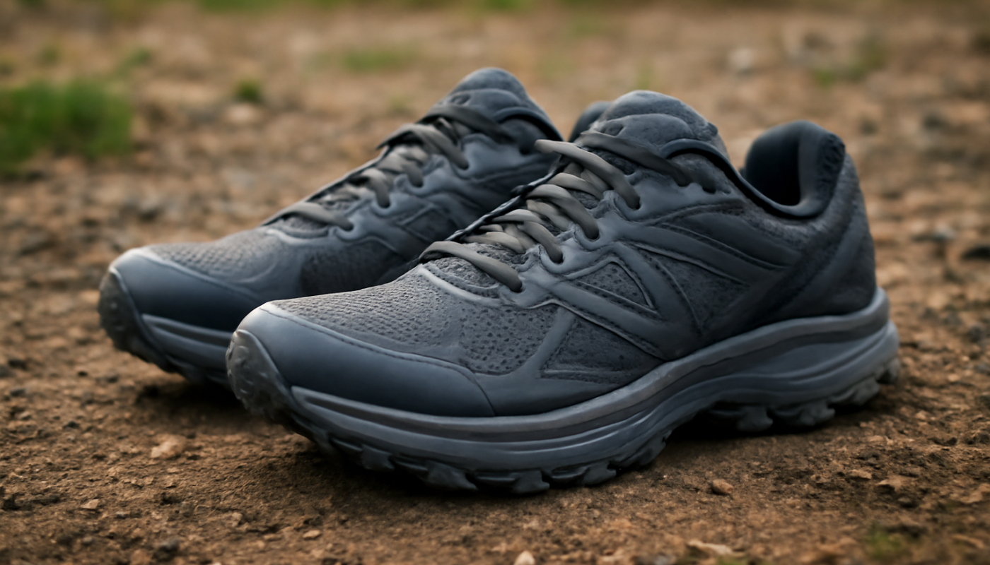 sneakers techniques posées sur terrain extérieur