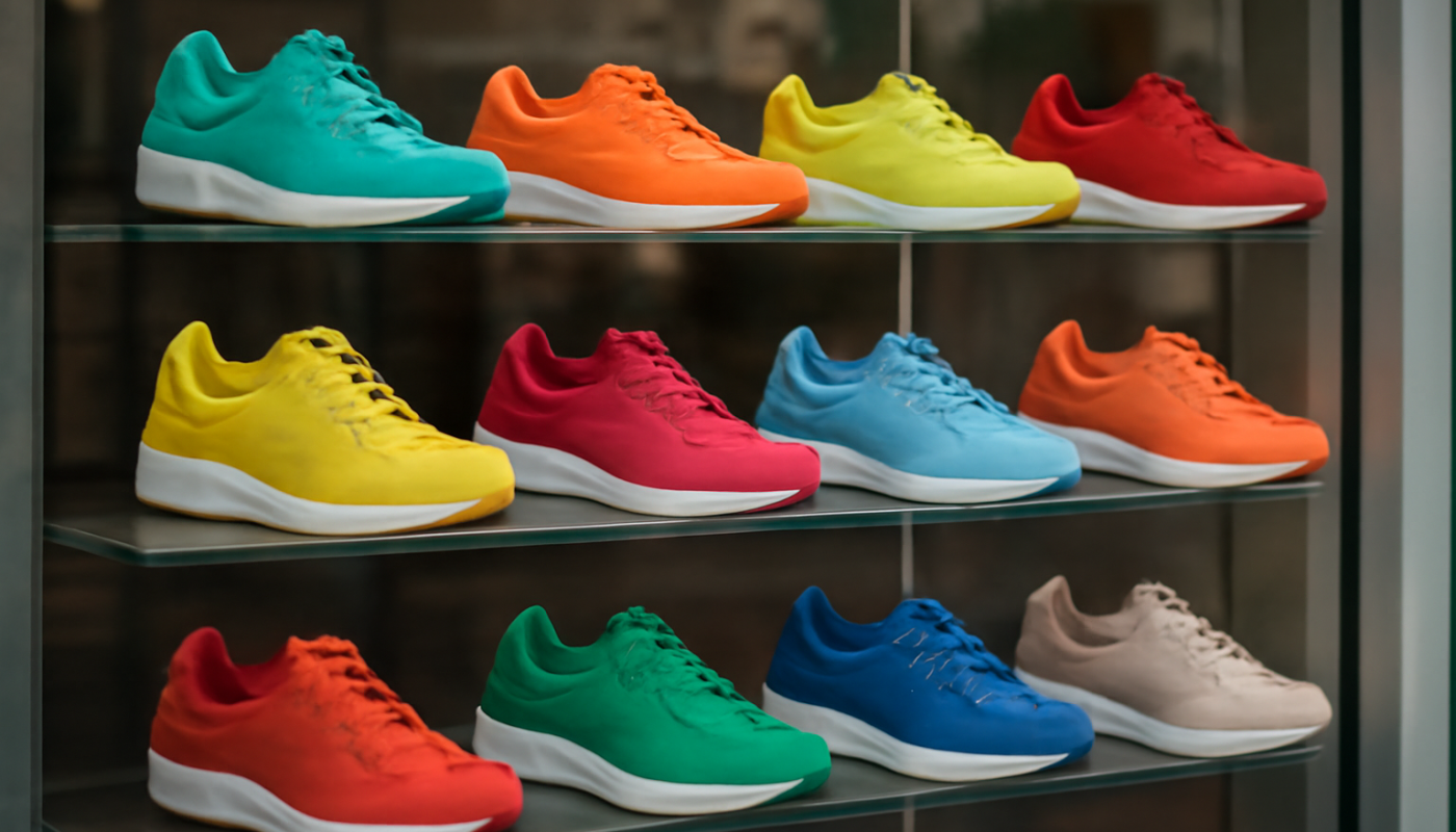 vitrine présentant plusieurs baskets colorées