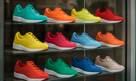 vitrine présentant plusieurs baskets colorées