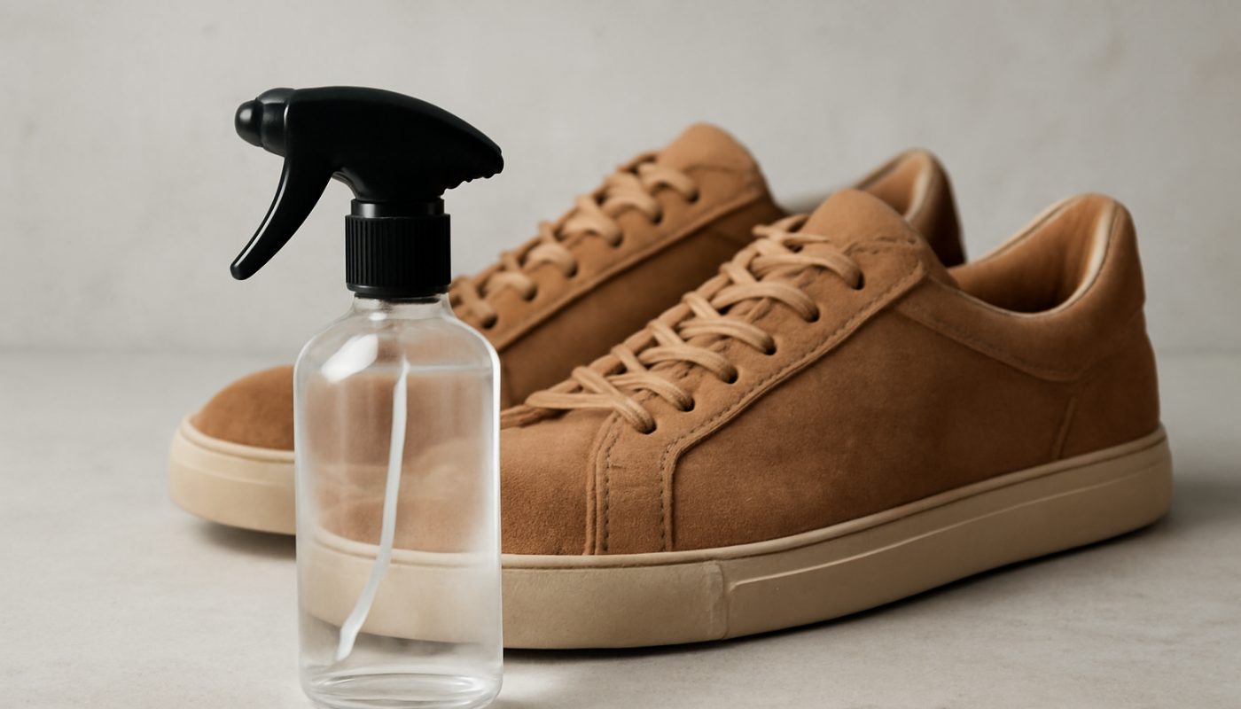 bouteille de spray et sneakers en daim