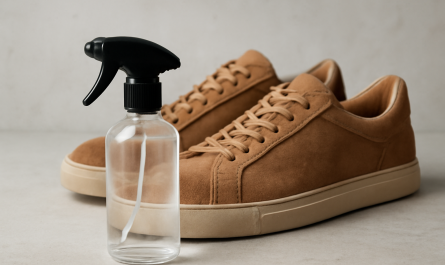 bouteille de spray et sneakers en daim