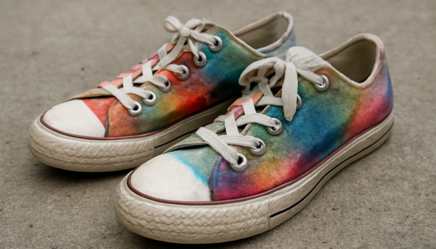 spray appliqué sur une paire de sneakers en toile