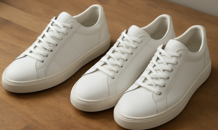 deux paires de sneakers blanches comparées sur table