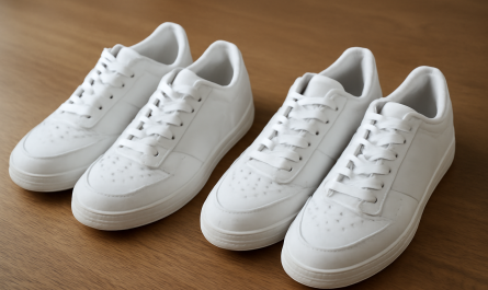 deux paires de sneakers blanches comparées sur table
