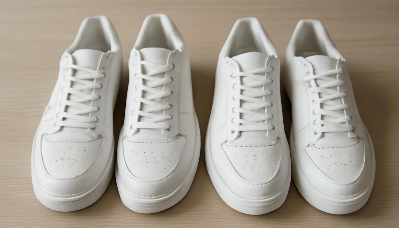 deux paires de sneakers blanches comparées sur table