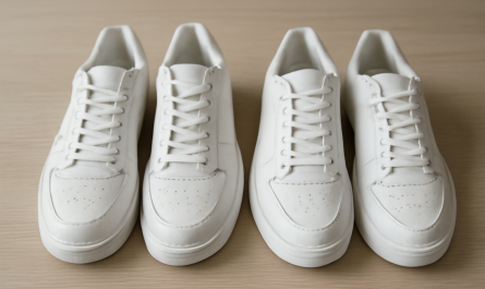 deux paires de sneakers blanches comparées sur table