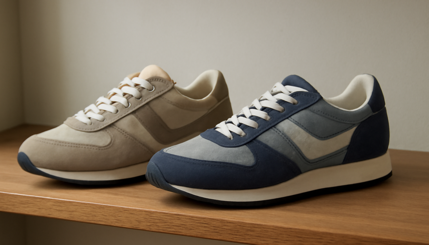 deux paires de sneakers rétro comparées sur étagère