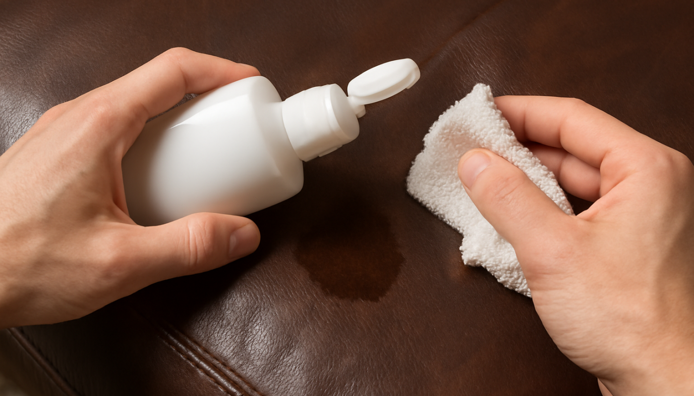 mains appliquant produit sur tache huile cuir