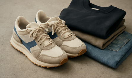 sneakers rétro posées à côté de vêtements streetwear