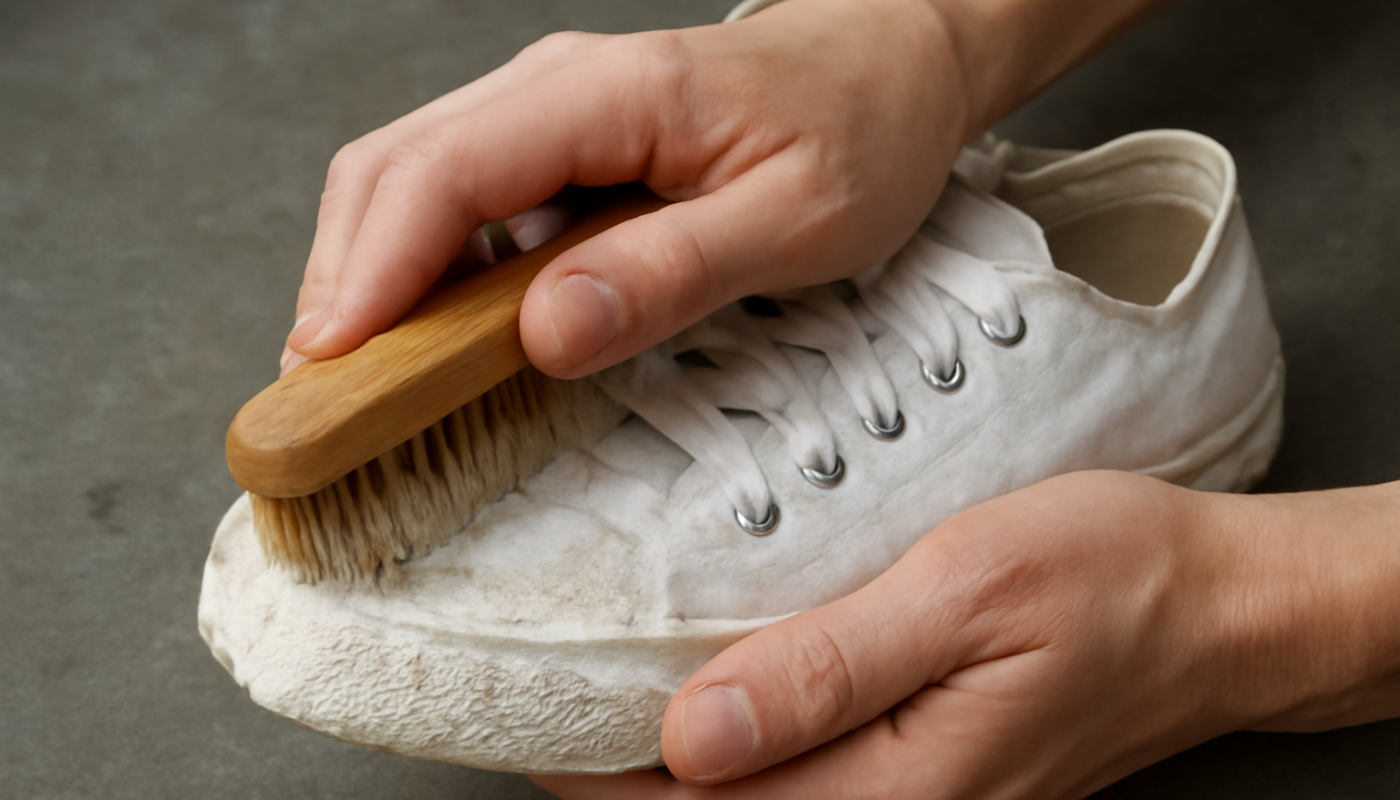 mains frottant semelle blanche avec brosse
