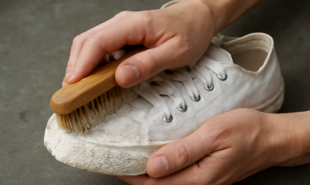 mains frottant semelle blanche avec brosse