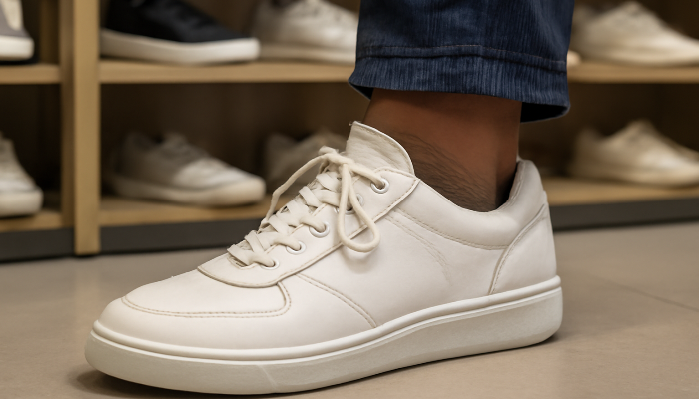 pied large essayant une sneaker en magasin