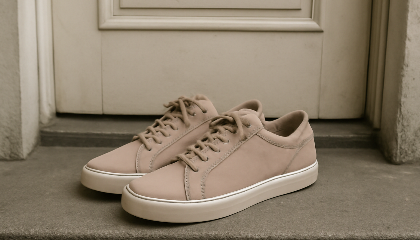paire de sneakers sobre posée devant porte