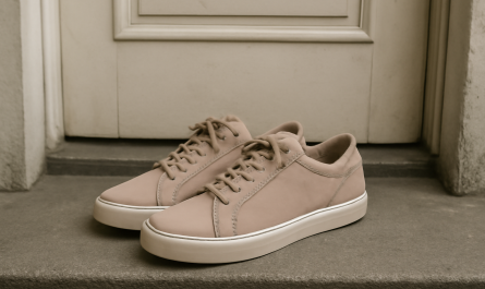 paire de sneakers sobre posée devant porte