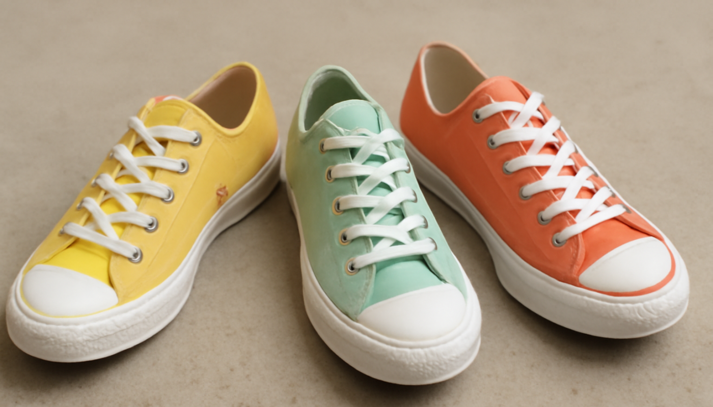 trois paires de sneakers aux couleurs estivales alignées