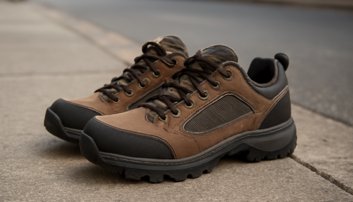 paire de chaussures outdoor posée sur trottoir urbain