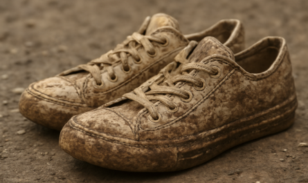 paire de sneakers tachée de boue posée