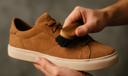 mains brossant nubuck d'une sneaker