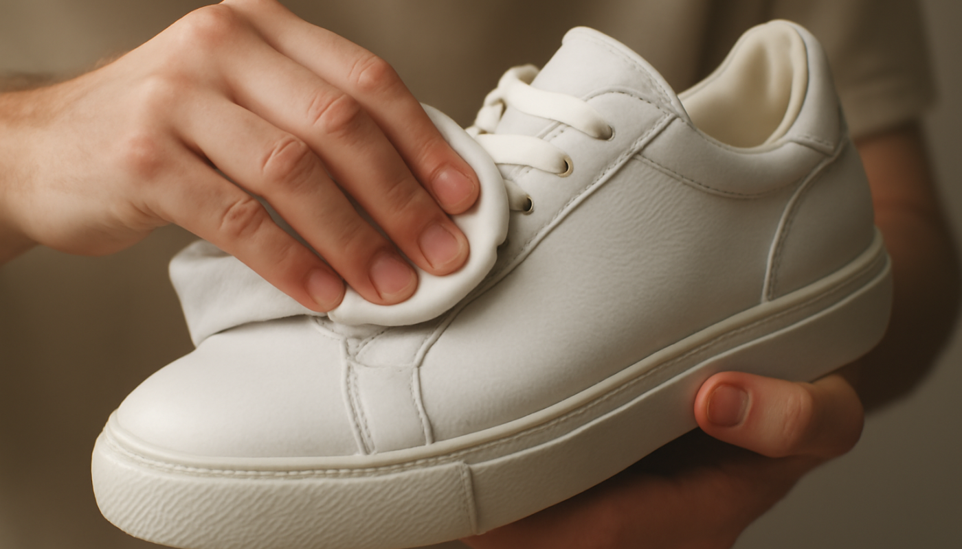 mains essuyant doucement une sneaker cuir
