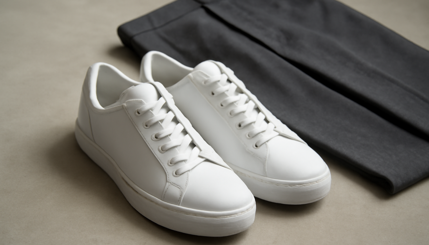 paire de sneakers classiques posée près d'un pantalon habillé