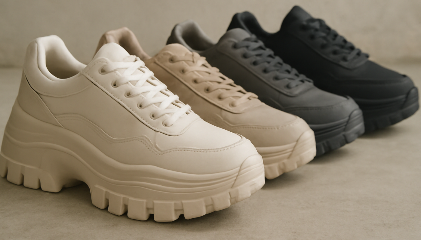 paires de sneakers montrant semelles épaisses alignées