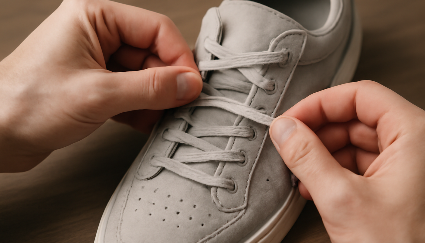 main ajustant des lacets plats sur une sneaker